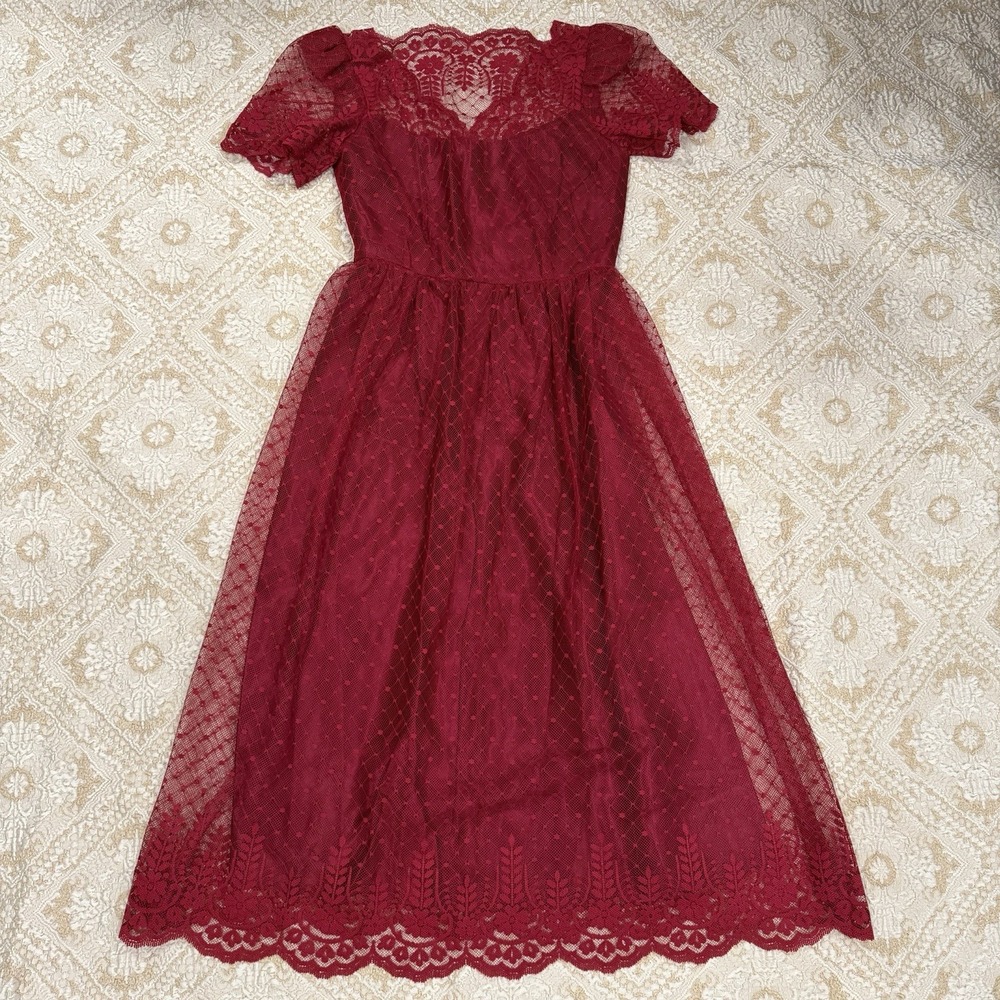 VTG Union Made Red Sheer Lace Dress Sm Modest Coquette Romantic Midi Cocktail